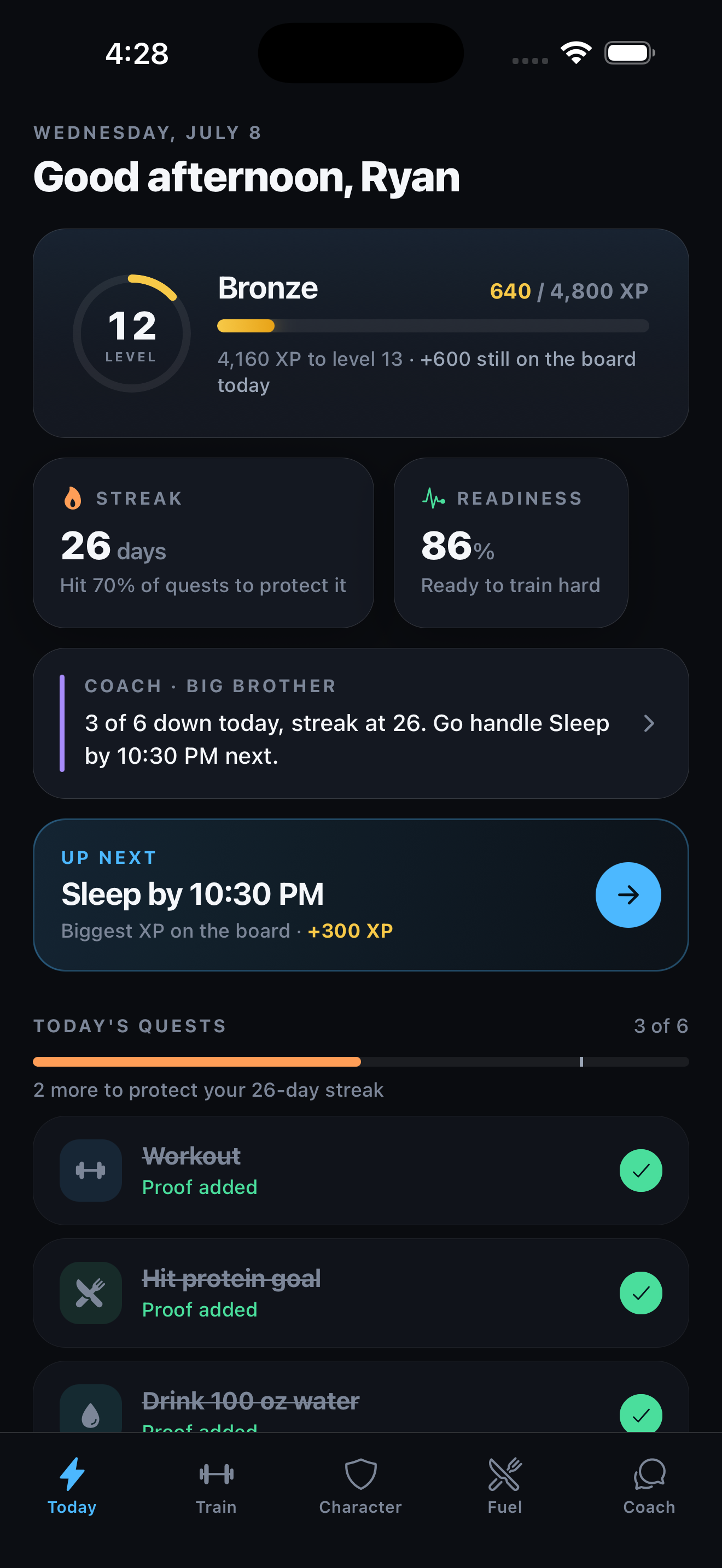 LevelUp Today dashboard showing level, streak, and daily quests