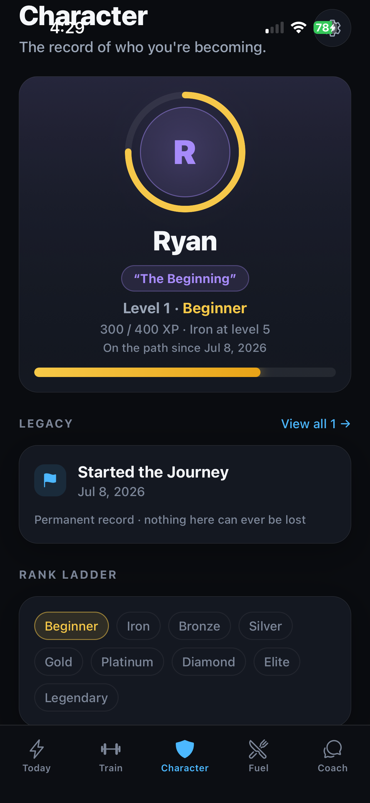 LevelUp Character screen showing rank and Legacy