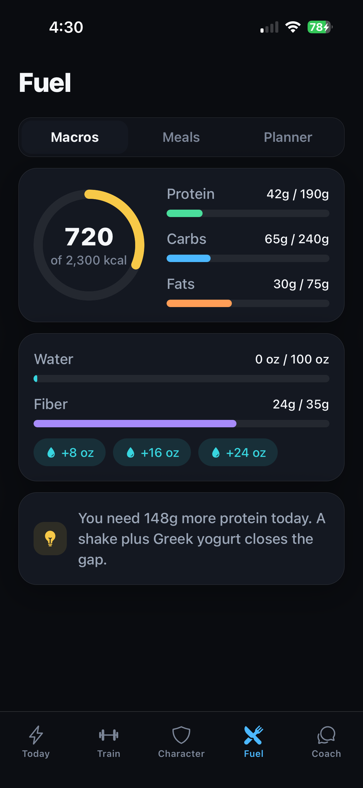 LevelUp Fuel screen showing macro tracking